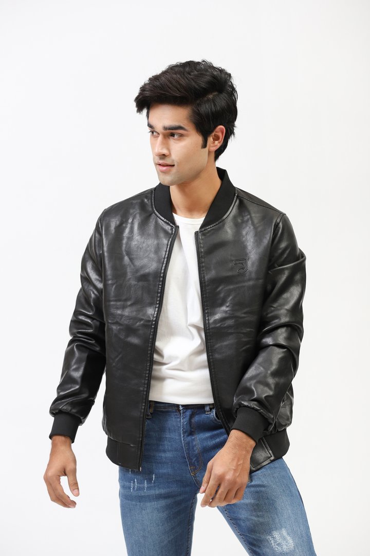 Textured Faux Leather Bomber Jacket